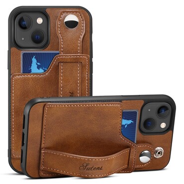 Legújabb tok "Suteni Urban" iPhone 15 Plus készülékekhez - Presztízs dizájn vegán bőrből, praktikus szíjjal könnyebb tartásért és teljes védelemért - dark brown