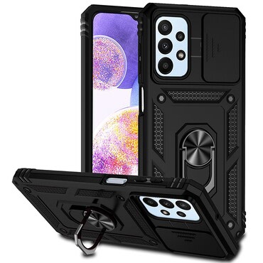 Strapabíró tok "MaX-Armor" gyűrűvel, fém lappal és hátsó kamera védelemmel Samsung Galaxy A23 készülékekhez - army black