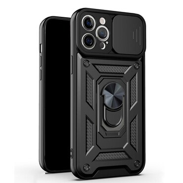 Strapabíró tok "MaX-Armor" gyűrűvel, fém lappal és hátsó kamera védelemmel iPhone 12 Pro Max készülékekhez - army black