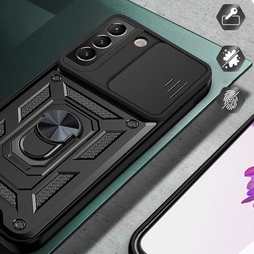 Strapabíró tok "MaX-Armor" gyűrűvel, fém lappal és hátsó kamera védelemmel Samsung Galaxy A03s készülékekhez - army black