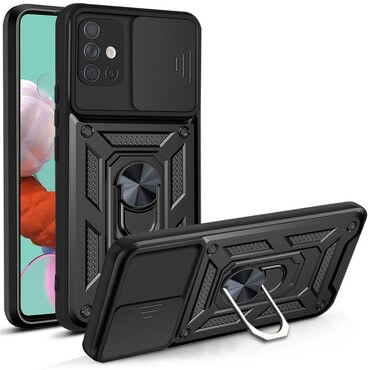 Strapabíró tok "MaX-Armor" gyűrűvel, fém lappal és hátsó kamera védelemmel Samsung Galaxy A51 készülékekhez - army black