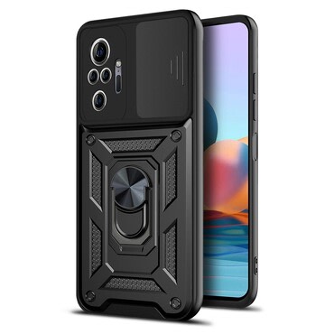 Strapabíró tok "MaX-Armor" gyűrűvel, fém lappal és hátsó kamera védelemmel Xiaomi Redmi Note 10 Pro készülékekhez - army black