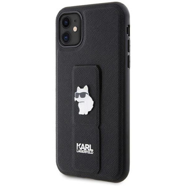 Eredeti tok állvánnyal Karl Lagerfeld "Karl and Choupette Gripstand" Saffiano iPhone 11 készülékekhez - fekete