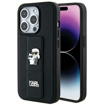 Eredeti tok állvánnyal Karl Lagerfeld "Karl and Choupette Gripstand" Saffiano iPhone 14 Pro készülékekhez - fekete