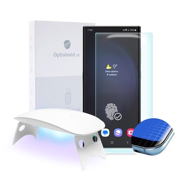 Prémium üvegfólia Optishield Lux Samsung Galaxy S24 Ultra készülékekhez és UV lámpa