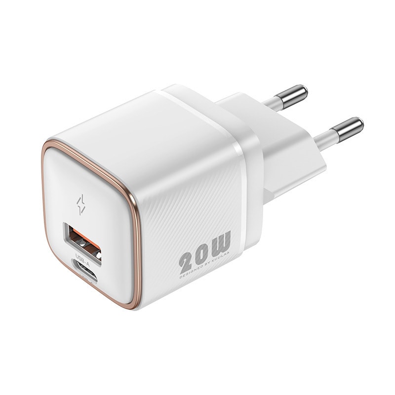 Mini fali töltő adapter NanoGold 20W - GaN technológiával, USB-C és USB-A kimettel PD és QC 3.0 gyorstöltéssel - golden white