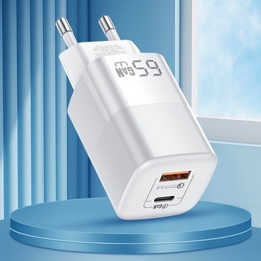 Fali töltő adapter GaNForce 65W USB-C és USB-A kimenettel - telefonok, laptopok, tabletek és egyéb készülékek gyors töltésére Fali töltő adapter GaNForce 65W USB-C és USB-A kimenettel - telefonok, laptopok, tabletek és egyéb készülékek gyors töltésére