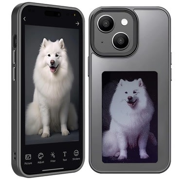 Perszonalizálható tok kijelzővel "InkStyle" NFC iPhone 15 készülékekhez  - Virális tok bármilyen fotó vagy kép megjelenítésével - black