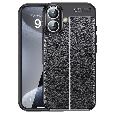 Elegáns gél tok Elite Guard bőr textúrával és extra védelemmel az oldalakon iPhone 16 készülékekre - obsidian black