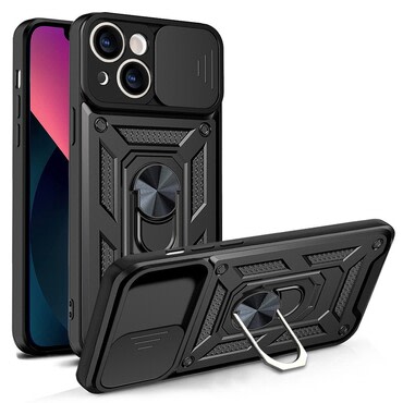 Strapabíró tok "MaX-Armor" gyűrűvel, fém lappal és hátsó kamera védelemmel iPhone 16 készülékekhez - army black