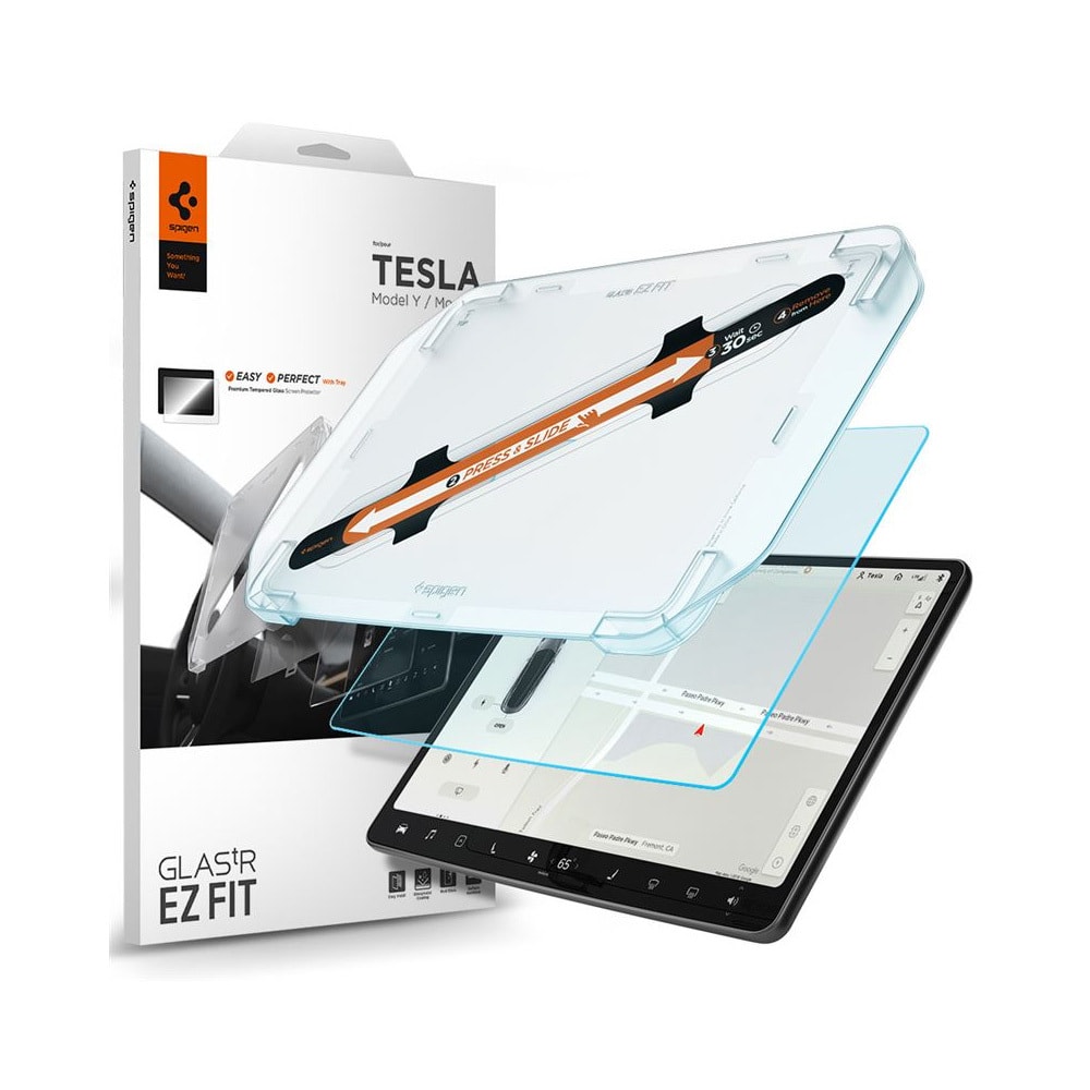 Spigen "EZ Fit Anti Glare" védőüveg Tesla Model Y / Model 3 számára - edzett védőüveg fényvisszaverő réteggel - átlátszó