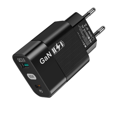 Techsuit "CHPD131" GaN fali töltőadapter, USB-A és USB-C kimenetekkel, 65W - fekete Techsuit "CHPD131" GaN fali töltőadapter, USB-A és USB-C kimenetekkel, 65W - fekete