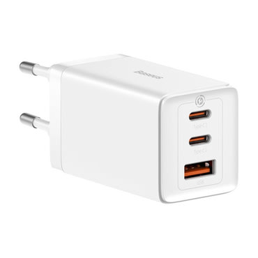 Baseus fali töltőadapter GaN5 Pro technológiával, 1x USB-A és 2x USB-C kimenettel, 65W - fehér