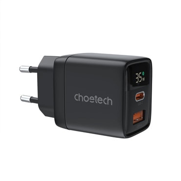 Choetech "PD6051" fali töltőadapter, GaN technológiával, két USB-C kimenettel és töltési teljesítmény kijelzéssel, 35W - fekete Choetech "PD6051" fali töltőadapter, GaN technológiával, két USB-C kimenettel és töltési teljesítmény kijelzéssel, 35W - fekete