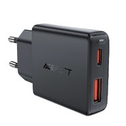 Acefast „A69” ultra vékony fali töltő adapter GaN technológiával, 1x USB-A és 1x USB-C kimenettel 30W - fekete