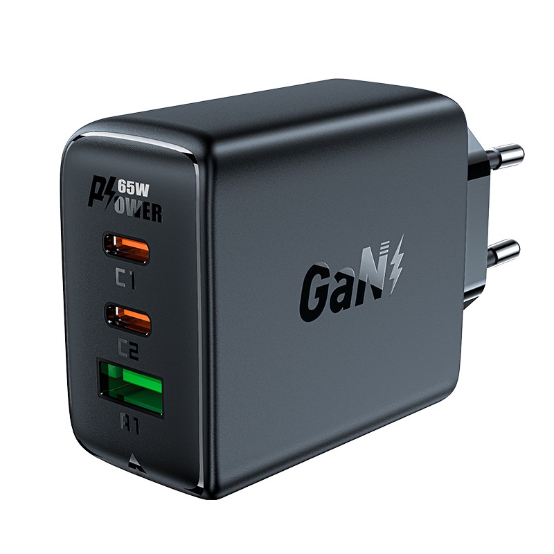 Acefast "A41" prémium fali töltőadapter GaN technológiával, 1x USB-A és 2x USB-C kimenettel 65 W - fekete