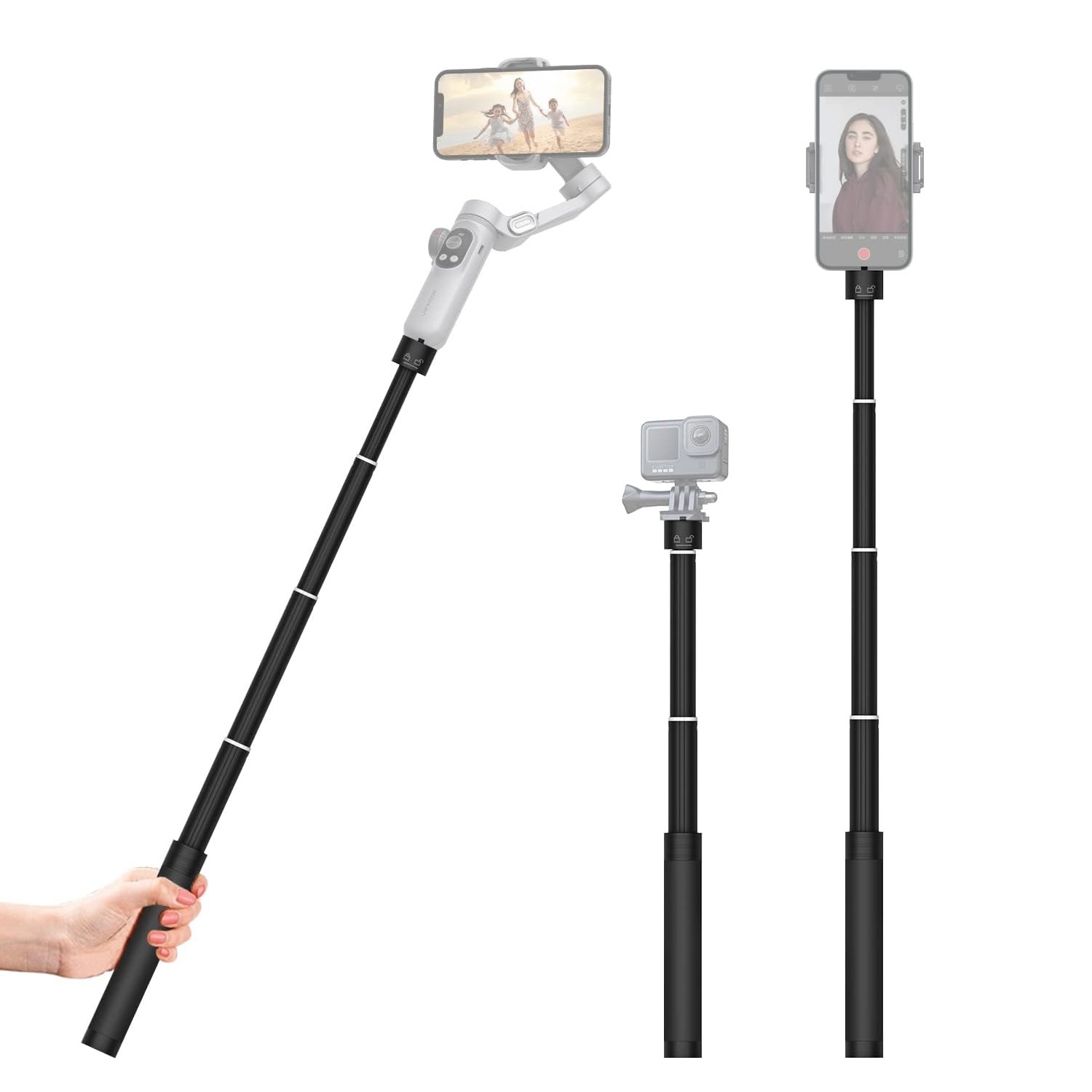 Alu teleszkópos állítható szelfibot – kompatibilis mobilkészülékekkel, akciókamerákkal, 1/4"-es kamerákkal - fekete