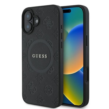 Eredeti kemény TPU tok Guess "Saffiano Peony Classic" iPhone 16 Plus készülékekhez - black