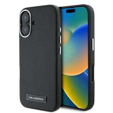 Eredeti tok Karl Lagerfeld "FW Metal Plate" iPhone 16 Plus készülékekhez - fekete