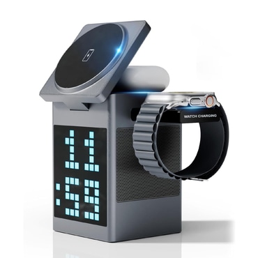 Pixel Cube 6 az 1-ben - Vezeték nélküli MagSafe töltőállomás 3 eszköz töltéséhez, LED kijelző, Bluetooth hangszóró és óra - 18W Pixel Cube 6 az 1-ben - Vezeték nélküli MagSafe töltőállomás 3 eszköz töltéséhez, LED kijelző, Bluetooth hangszóró és óra - 18W