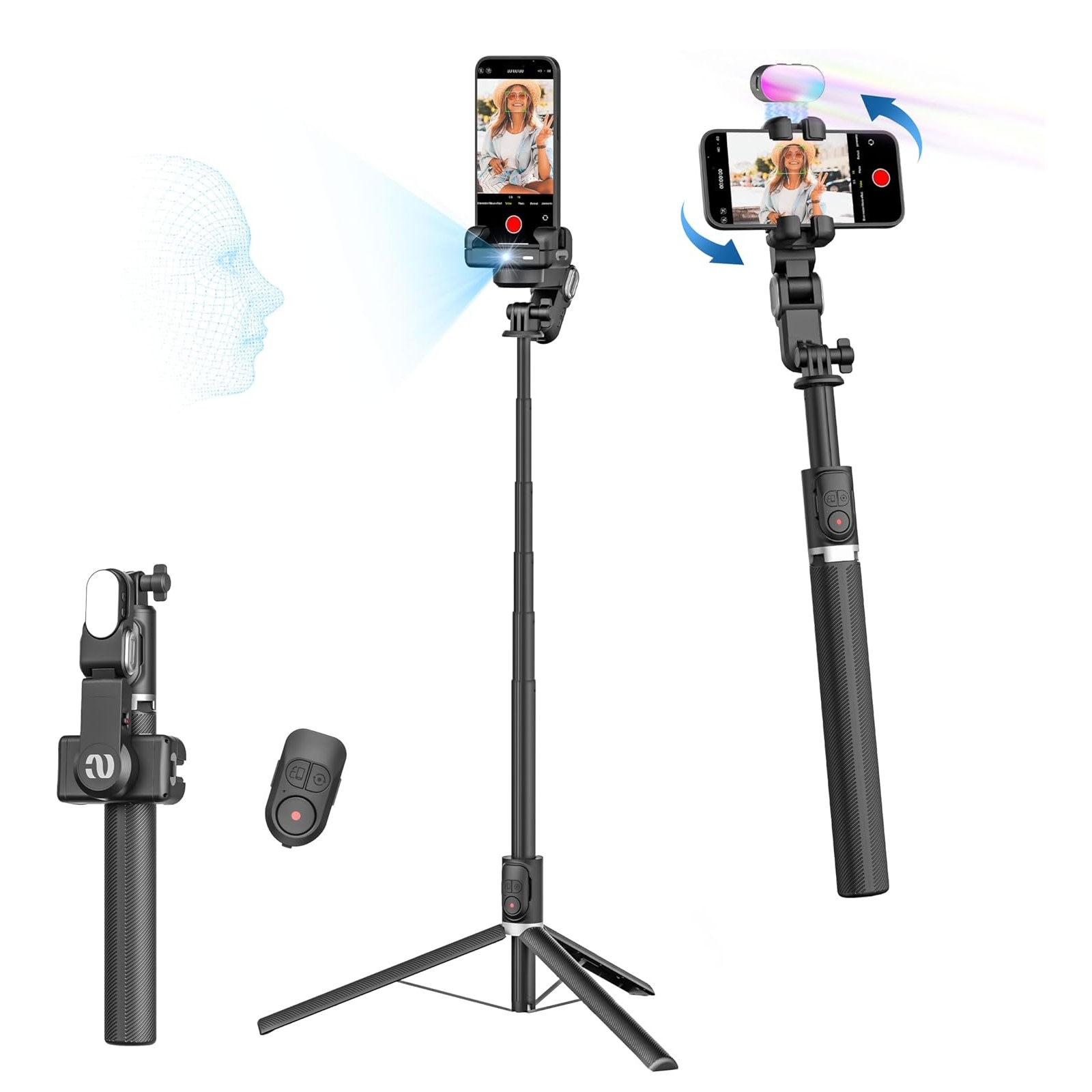 Gimbal stabilizátor Smart M2 Pro - 1 tengelyes AI 4 az 1-ben készlet RGB fénnyel, távirányítóval, állvánnyal és szelfibottal - 160 cm - carbon black