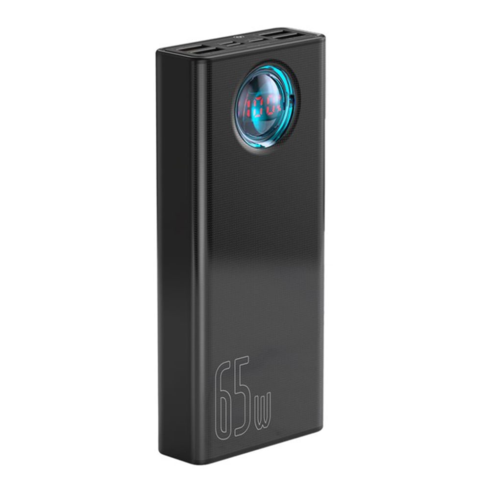 Power bank Baseus "Amblight" 65W négy USB-A, egy USB-C, Lightning és Micro USB kimenettel 5 készülék töltésére egyszerre és mellékelt kábellel - 30000 mAh - fekete