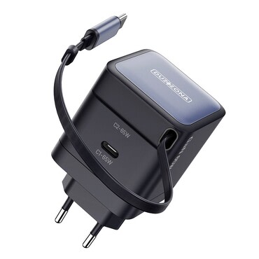 Prémium 65W utazó töltő adapter GaN technológiával "Duzzona T10" beépített kihúzható USB-C kábellel - fekete Prémium 65W utazó töltő adapter GaN technológiával "Duzzona T10" beépített kihúzható USB-C kábellel - fekete