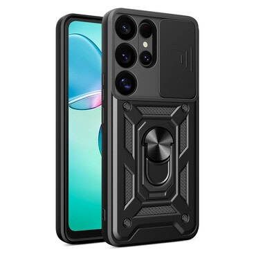 Strapabíró tok "MaX-Armor" gyűrűvel, fém lappal és hátsó kamera védelemmel Samsung Galaxy S25 Ultra készülékekhez - army black