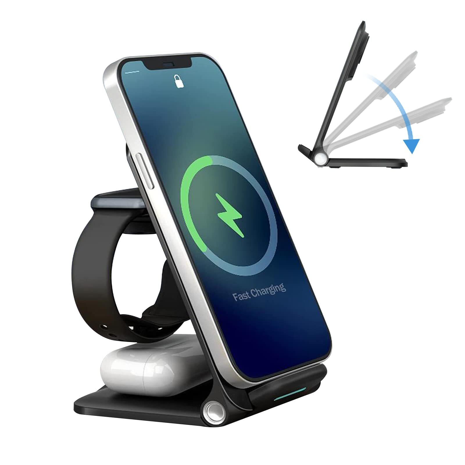 3 az 1-ben TrioCharge összecsukható vezeték nélküli töltőállomás telefon, óra és fejhallgató töltéséhez 15 W - stealth black