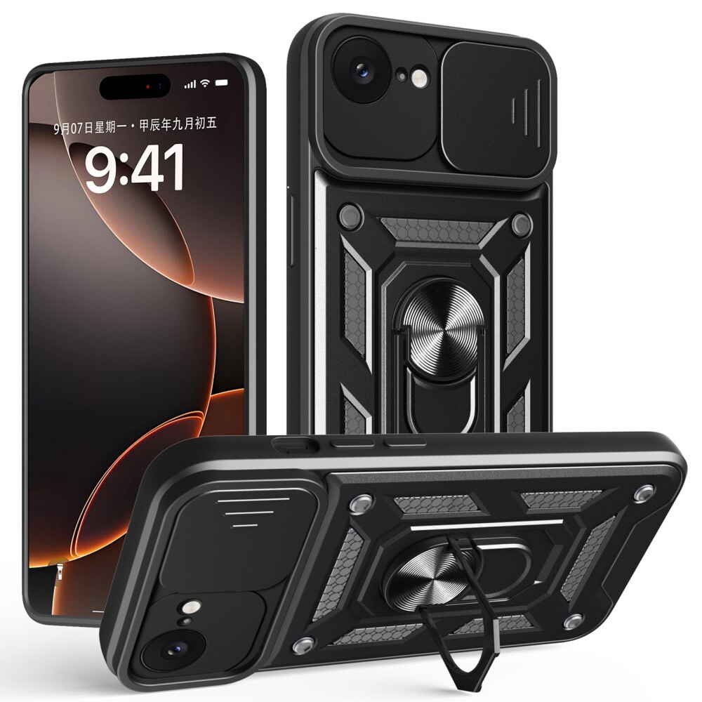Strapabíró tok "MaX-Armor" gyűrűvel, fém lappal és hátsó kamera védelemmel iPhone 16e készülékekhez - army black
