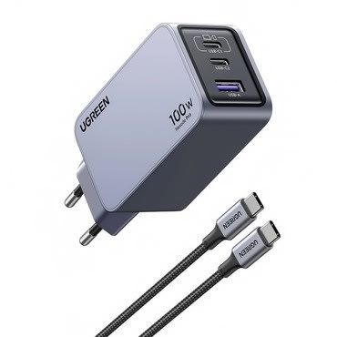 Fali töltő adapter Ugreen Nexode Pro X757 100W QC, GaN - 2x USB-C és 1x USB-A kimenettel + USB-C kábel - szürke