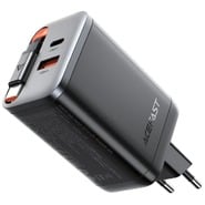 Acefast "A111" Premium fali töltőadapter GaN technológiával, 1x USB-C és 1x USB-A kimenettel, 67W teljesítménnyel és kihúzható USB-C kábellel - fekete