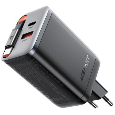 Acefast "A111" Premium fali töltőadapter GaN technológiával, 1x USB-C és 1x USB-A kimenettel, 67W teljesítménnyel és kihúzható USB-C kábellel - fekete Acefast "A111" Premium fali töltőadapter GaN technológiával, 1x USB-C és 1x USB-A kimenettel, 67W teljesítménnyel és kihúzható USB-C kábellel - fekete