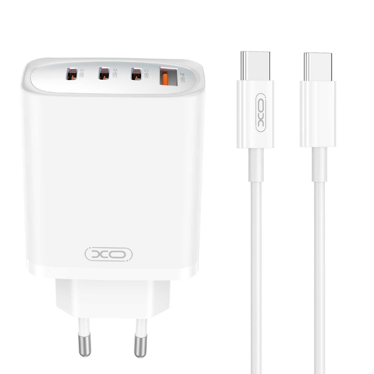 Fali töltő adapter XO "CE23" három USB-C, egy USB-A kimenettel és USB-C - USB-C kábellel, 65W - fehér
