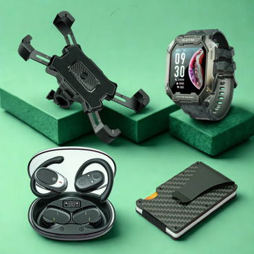 Active Rider Mega Pack – Felszerelés a biztonságos kerékpáros, rolleres vagy motoros közlekedéshez: okosóra, fülhallgató, telefontartó és RFID pénztárca - gondtalanul az úton