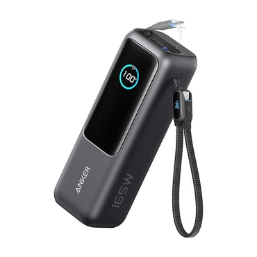 Anker "Zolo" 165W power bank – beépített kihúzható és hagyományos USB-C kábellel, három USB-C és egy USB-A csatlakozóval – 25 000 mAh – szürke