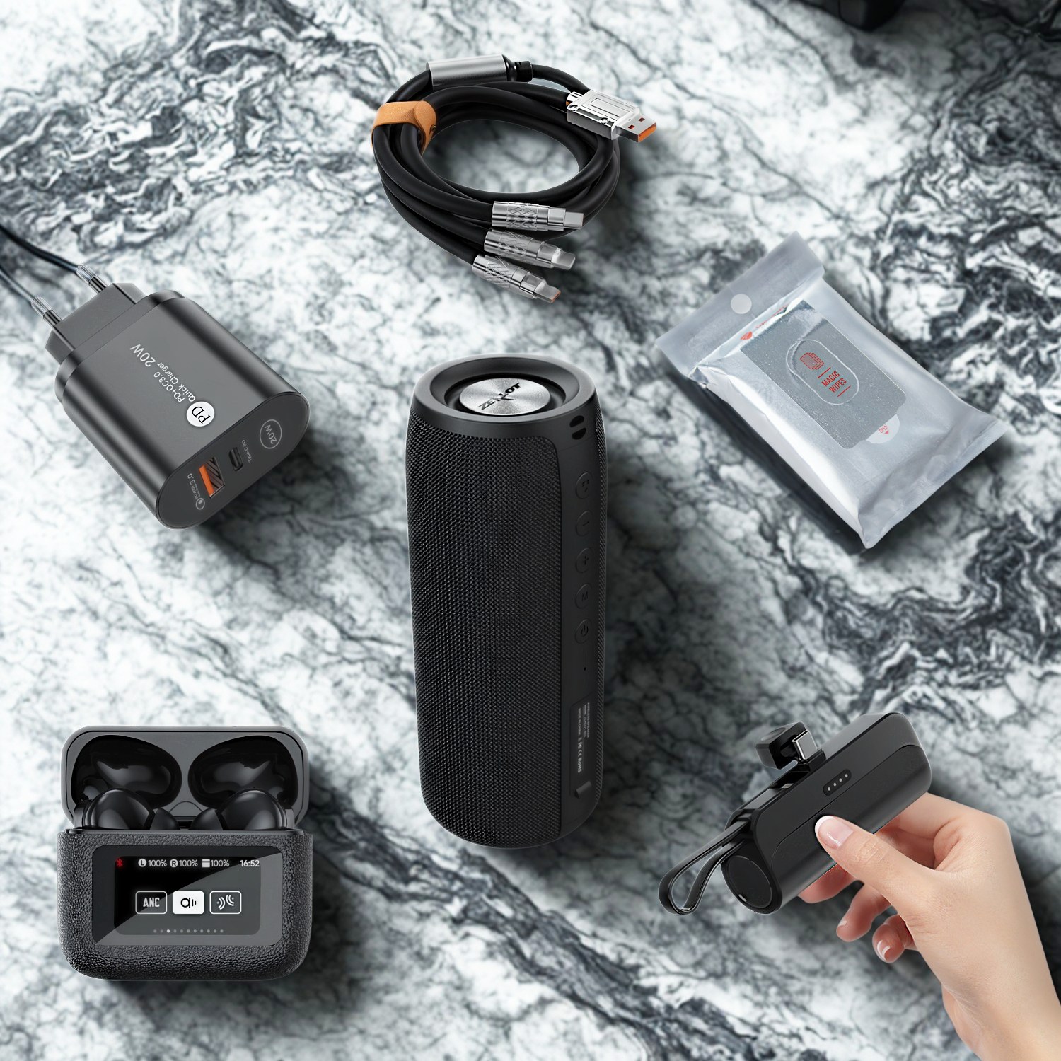Tech Starter Pack – Prémium fülhallgató, erőteljes hangszóró, trendi power bank, töltés minden készülékhez és tisztító kendők, mindez remek áron!