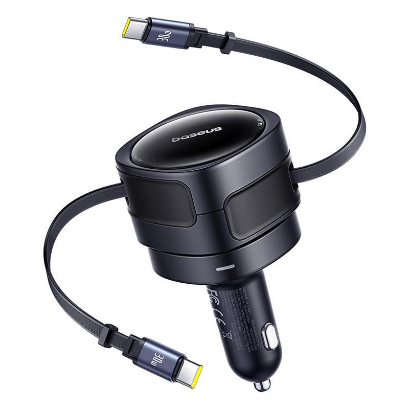 Baseus "Enjoyment Max" autós töltő – két kihúzható USB-C kábellel, 60W PD töltés – szürke