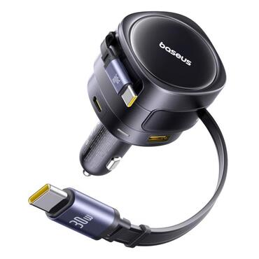 Baseus "Enjoyment Max" autós töltő – USB-C és USB-A kimenettel, két kihúzható USB-C kábellel, 90W PD töltés – szürke Baseus "Enjoyment Max" autós töltő – USB-C és USB-A kimenettel, két kihúzható USB-C kábellel, 90W PD töltés – szürke