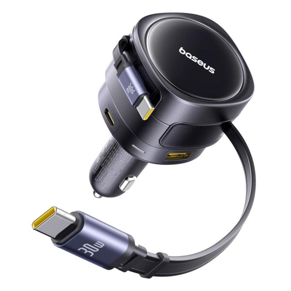 Baseus "Enjoyment Max" autós töltő – USB-C és USB-A kimenettel, két kihúzható USB-C kábellel, 90W PD töltés – szürke