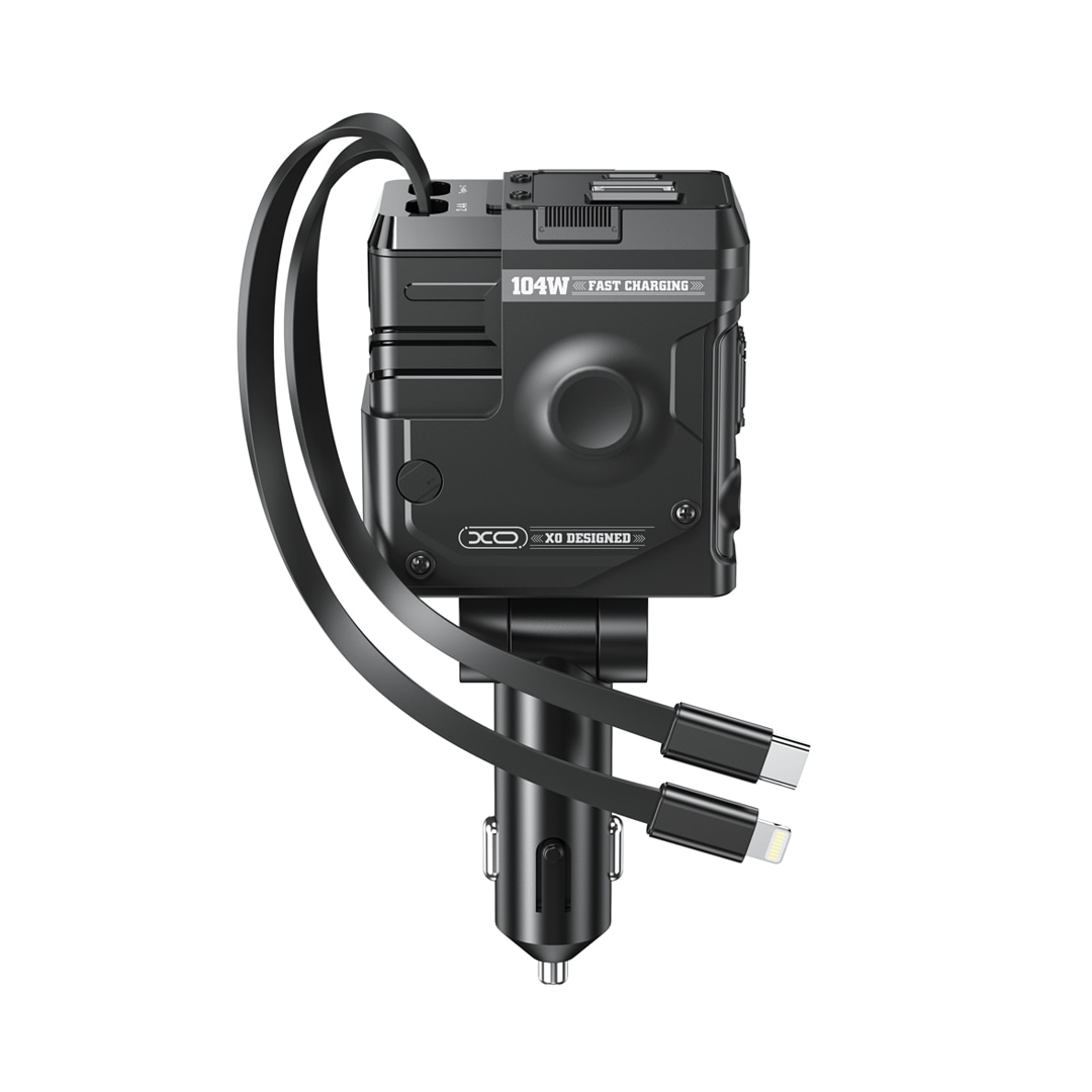 XO "CC66" autós töltő – USB-C és USB-A bemenettel, két kihúzható kábellel (USB-C és Lightning), 104W PD teljesítménnyel – fekete