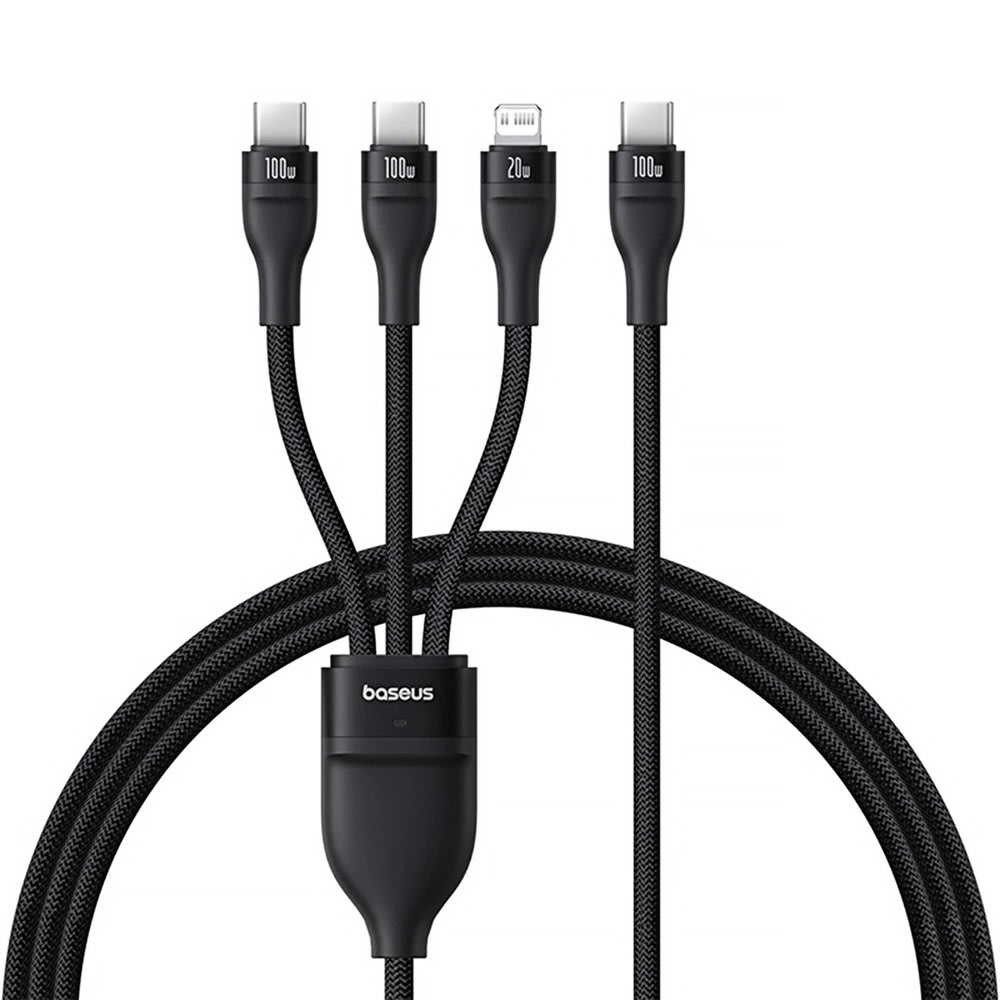 Baseus Flash Series 3 az 1-ben töltőkábel – 2× USB-C + Lightning csatlakozóval és LED kijelzővel – 100W – 1,5 m – fekete
