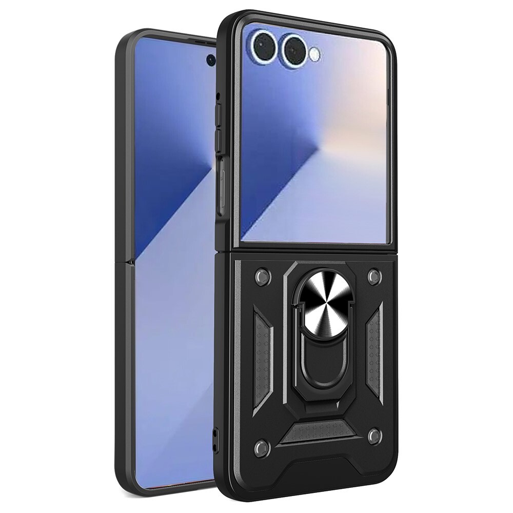 Strapabíró tok "MaX-Armor" gyűrűvel, fém lappal és hátsó kamera védelemmel Samsung Galaxy Z Flip7 készülékekhez - army black