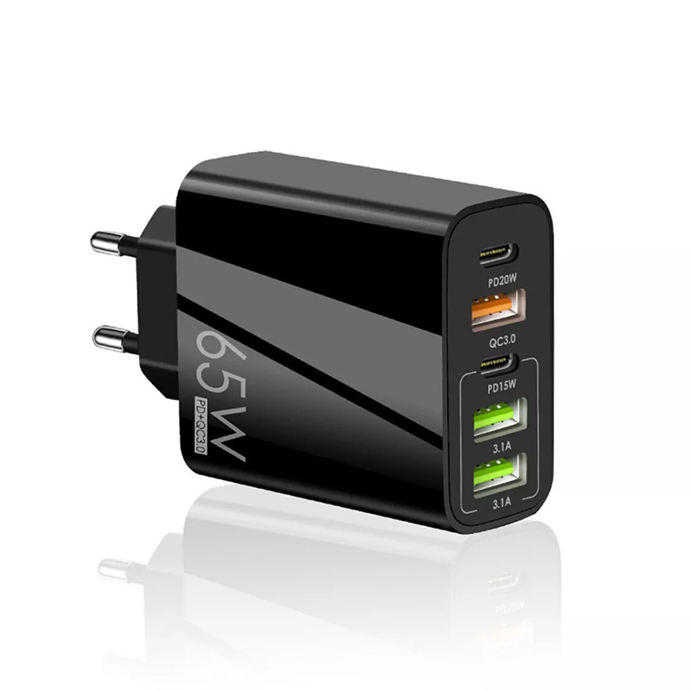 Fali töltőadapter 65W Techsuit "PentaXPower" GaN technológiával, három USB és két USB-C kimenettel – fekete