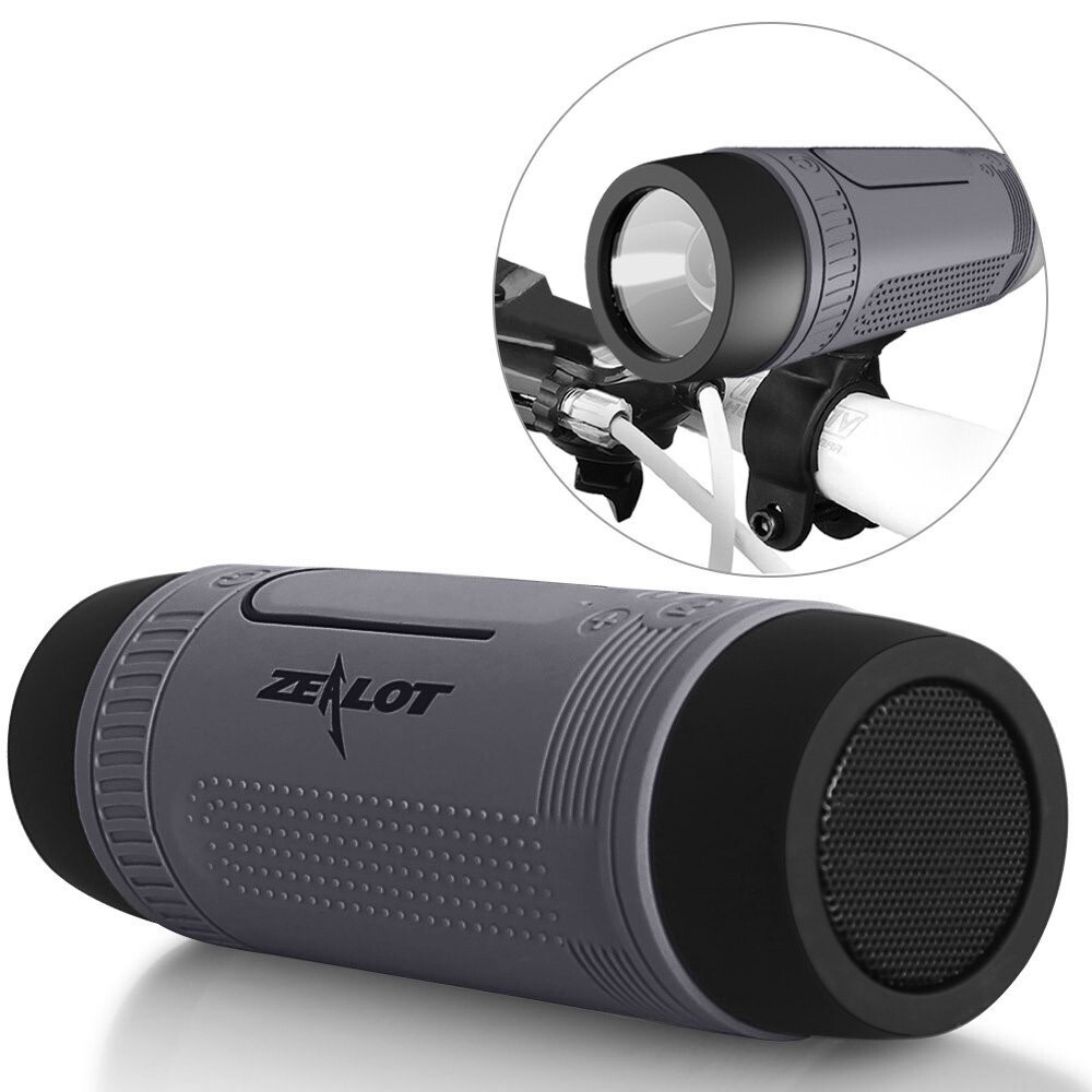 Bluetooth hangszóró, lámpa és power bank Zealot SuperLux 3 az 1-ben – Vízálló hordozható hangszóró beépített kerékpárlámpával, power bankkal, SD kártyanyílással és FM funkcióval - space grey