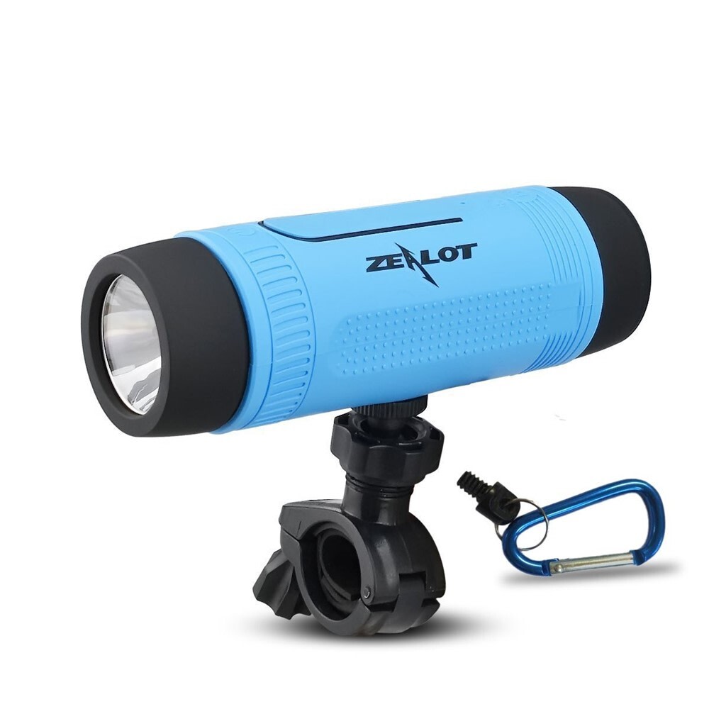 Bluetooth hangszóró, lámpa és power bank Zealot SuperLux 3 az 1-ben – Vízálló hordozható hangszóró beépített kerékpárlámpával, power bankkal, SD kártyanyílással és FM funkcióval - ocean blue