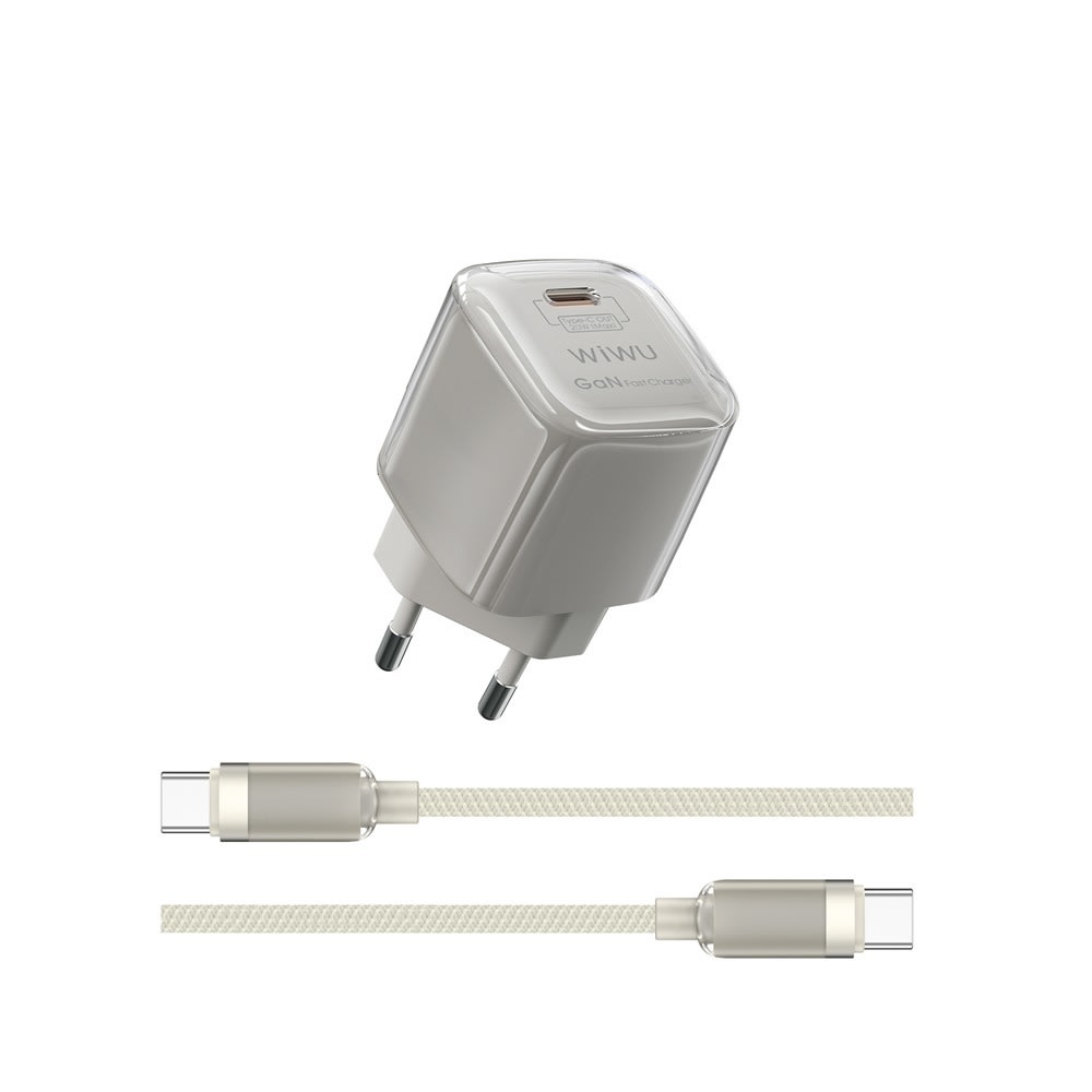 Fali töltő WIWU "Jello" USB-C kimenettel, GaN 30W és mellékelt USB-C–USB-C kábellel – bézs