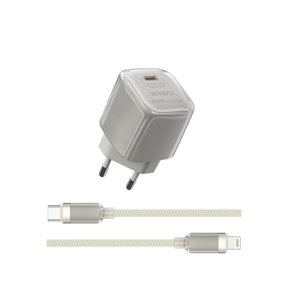Fali töltő WIWU "Jello" USB-C kimenettel, GaN 30W és mellékelt USB-C–Lightning kábellel – bézs