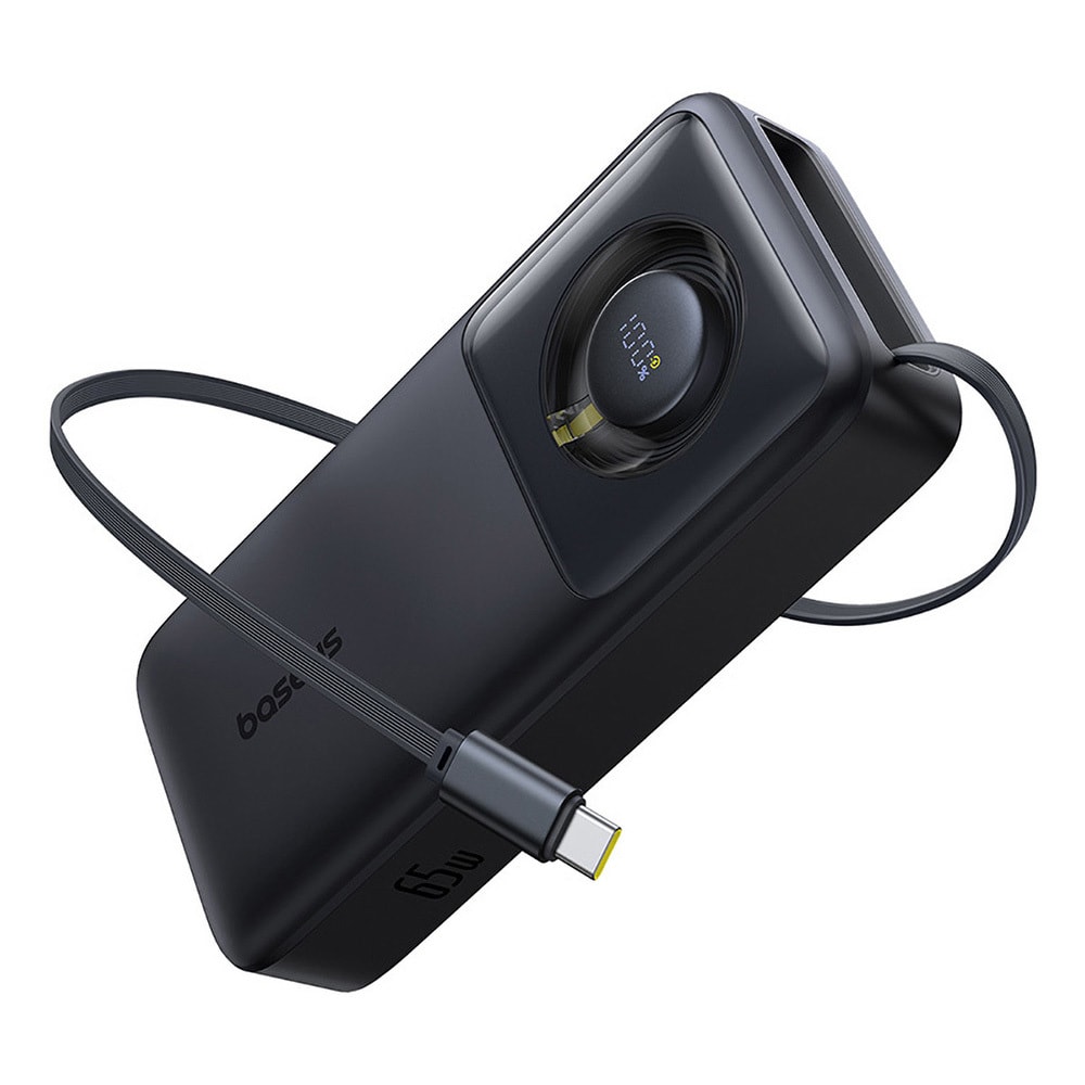 Power bank Baseus "Free2Pull" egy USB-C kimenettel és beépített kihúzható USB-C kábellel, 65W – 20000 mAh – fekete