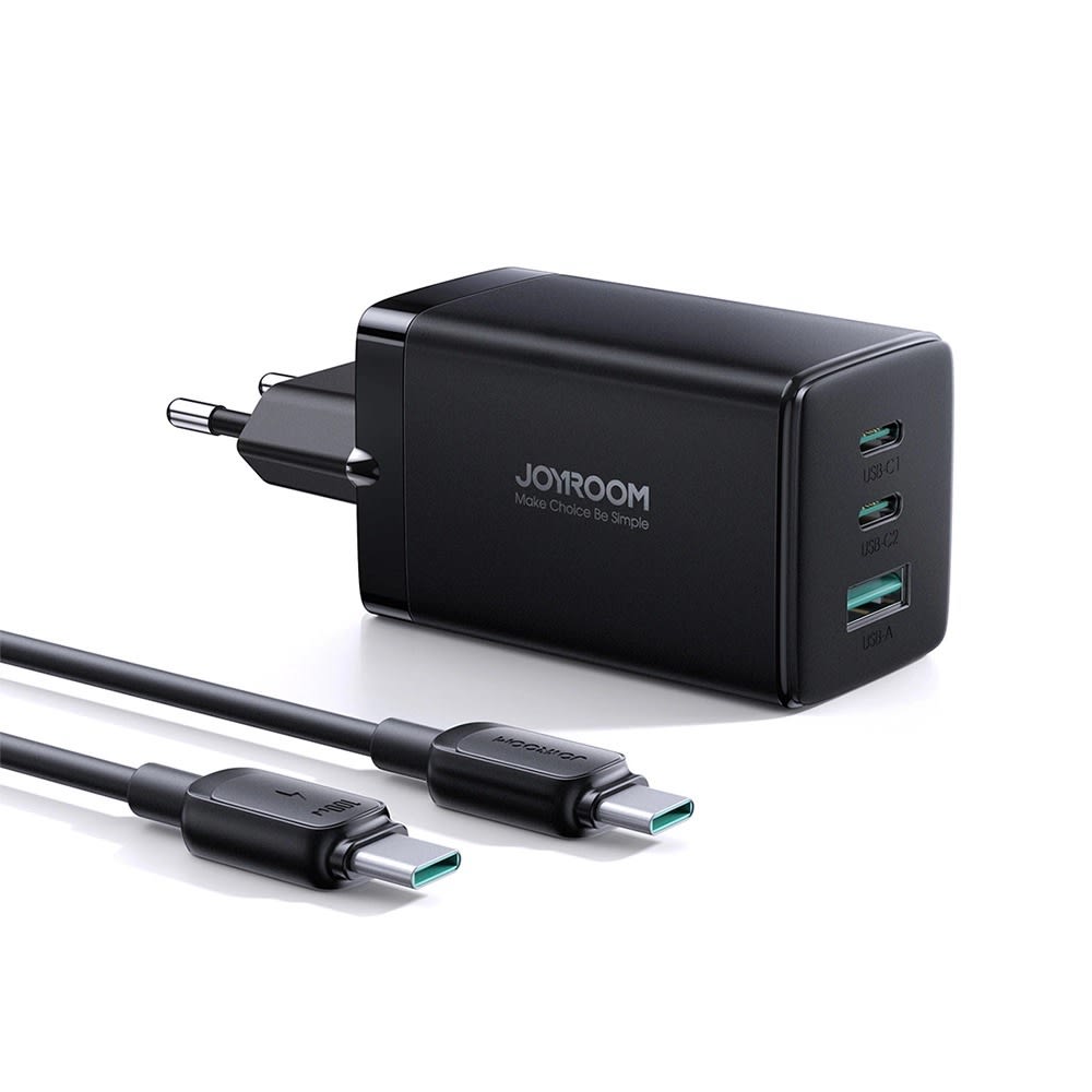 Fali töltő Joyroom 65W GaN technológiával, két USB-C és egy USB-A bemenettel, valamint USB-C–USB-C gyorstöltő kábellel – fekete